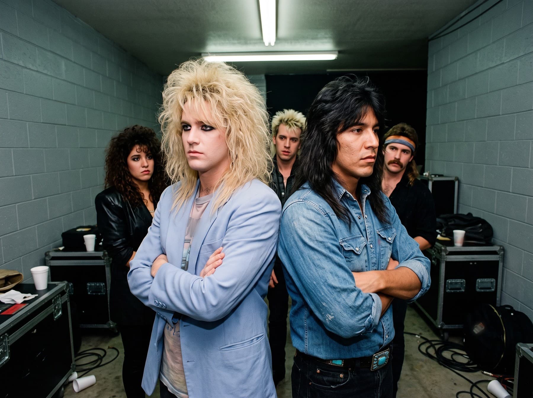 Two band members stand back to back with their arms folded in a cinder-block hallway backstage, three bandmates watching behind them among equipment cases