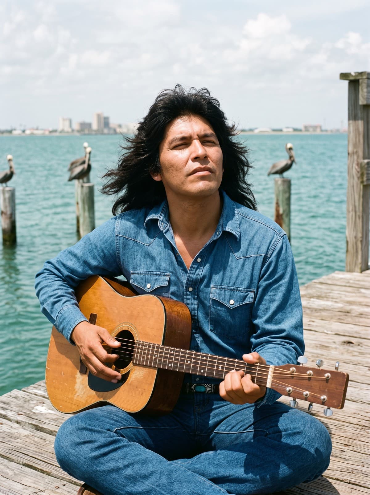 A man with long dark hair in a denim shirt playing an acoustic guitar cross-legged on a wooden pier, pelicans on the pilings behind him