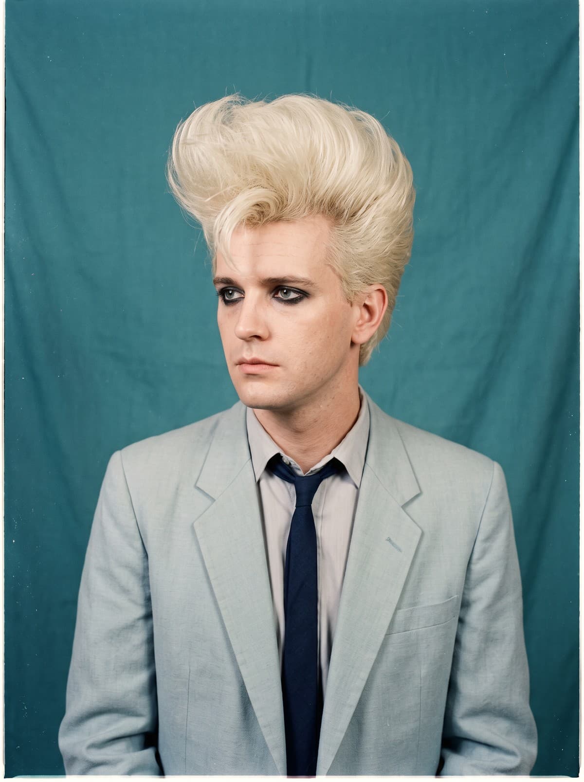Portrait of a young man with tall swept-up platinum hair and dark eyeliner, in a pale blue blazer and navy tie, against a teal backdrop