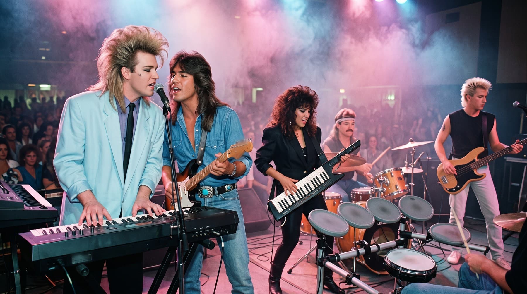A five-piece band on a civic-center stage in pink and blue haze: a singer in a pale blue blazer and a long-haired guitarist in denim share one microphone, a woman plays keytar, a drummer in a headband plays behind electronic pads, and a bassist with bleached spiked hair plays at the right