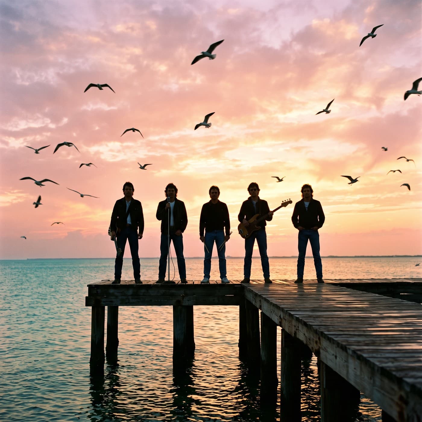 Five figures in silhouette stand on a wooden pier against a pink sunset over the water, holding a bass, drumsticks and a microphone stand, gulls in the sky