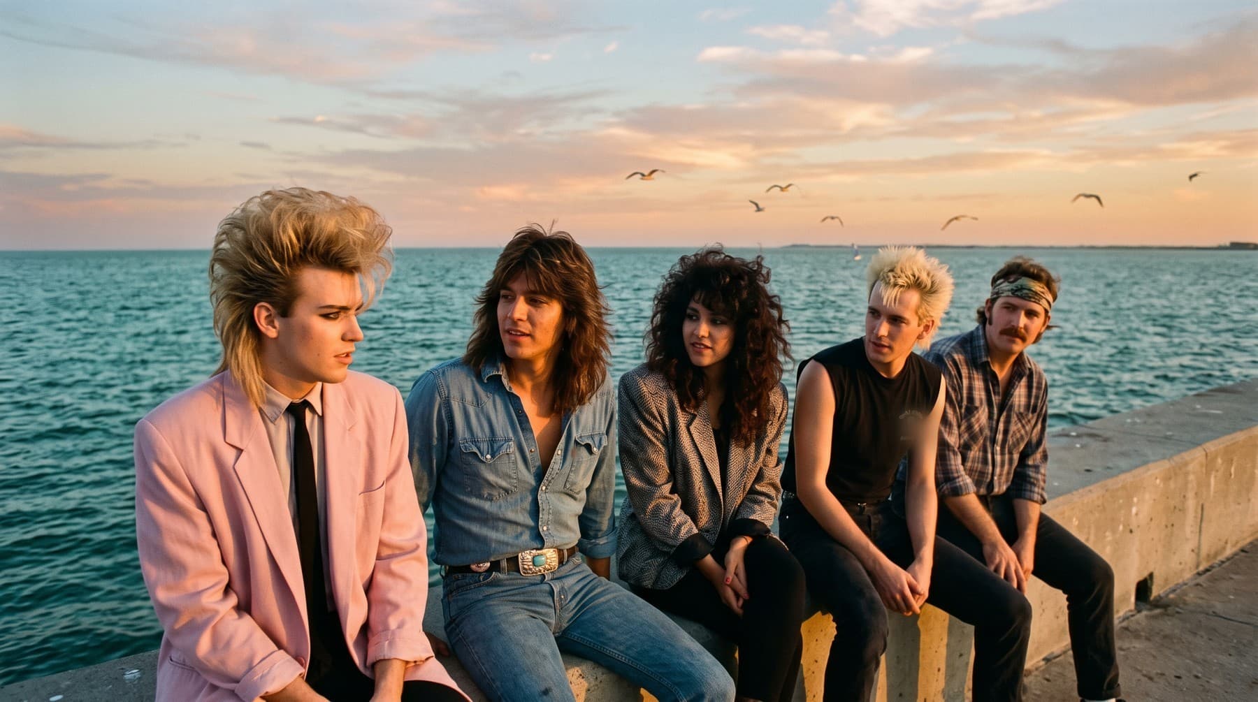 Five band members sitting on a concrete seawall at sunset with the bay behind them, a singer in a pink blazer at the left