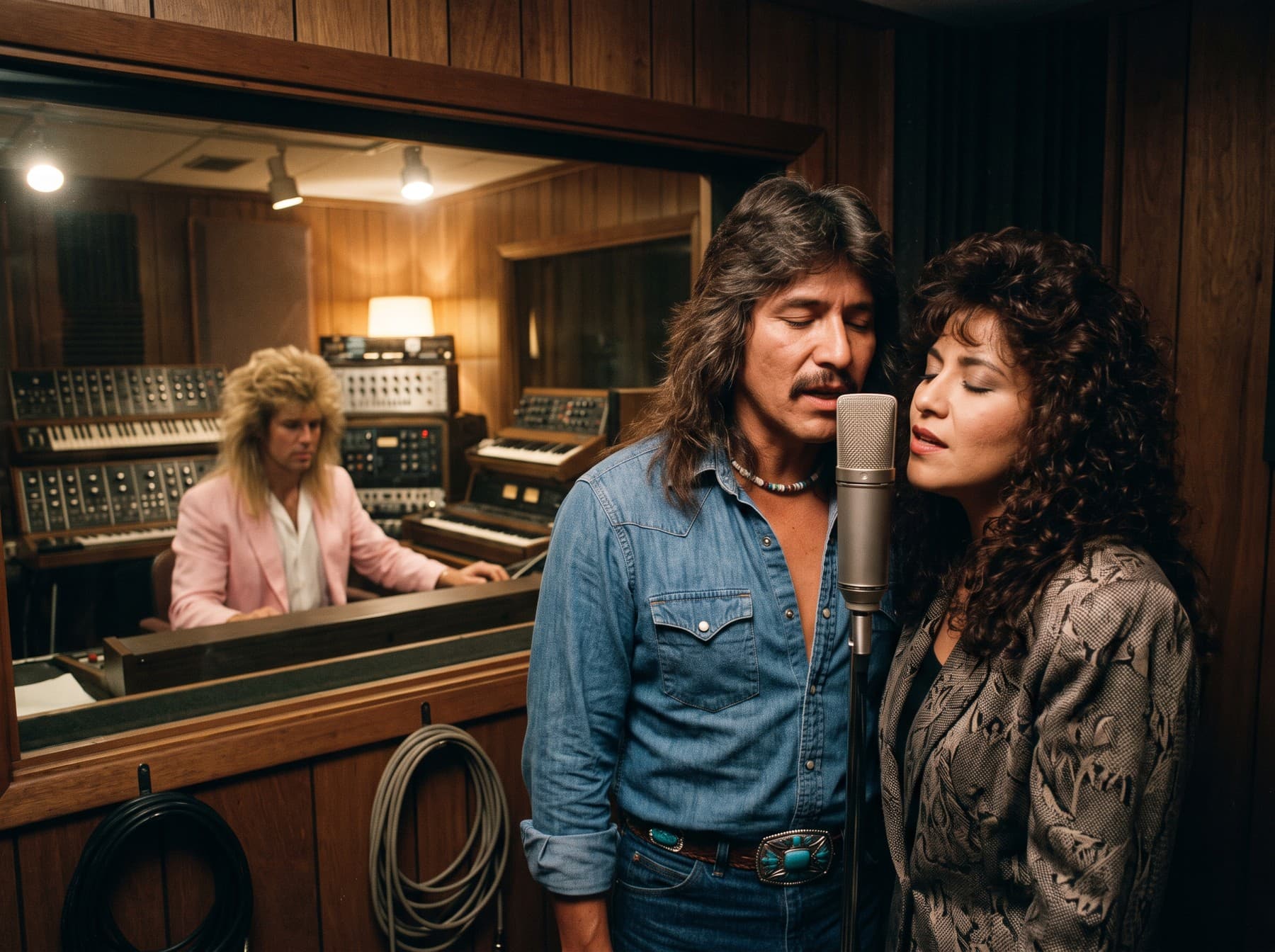 A man in a denim shirt and a woman with long curly hair sing harmony into one studio microphone in a wood-paneled booth while a blond keyboard player works synthesizers behind the control-room glass