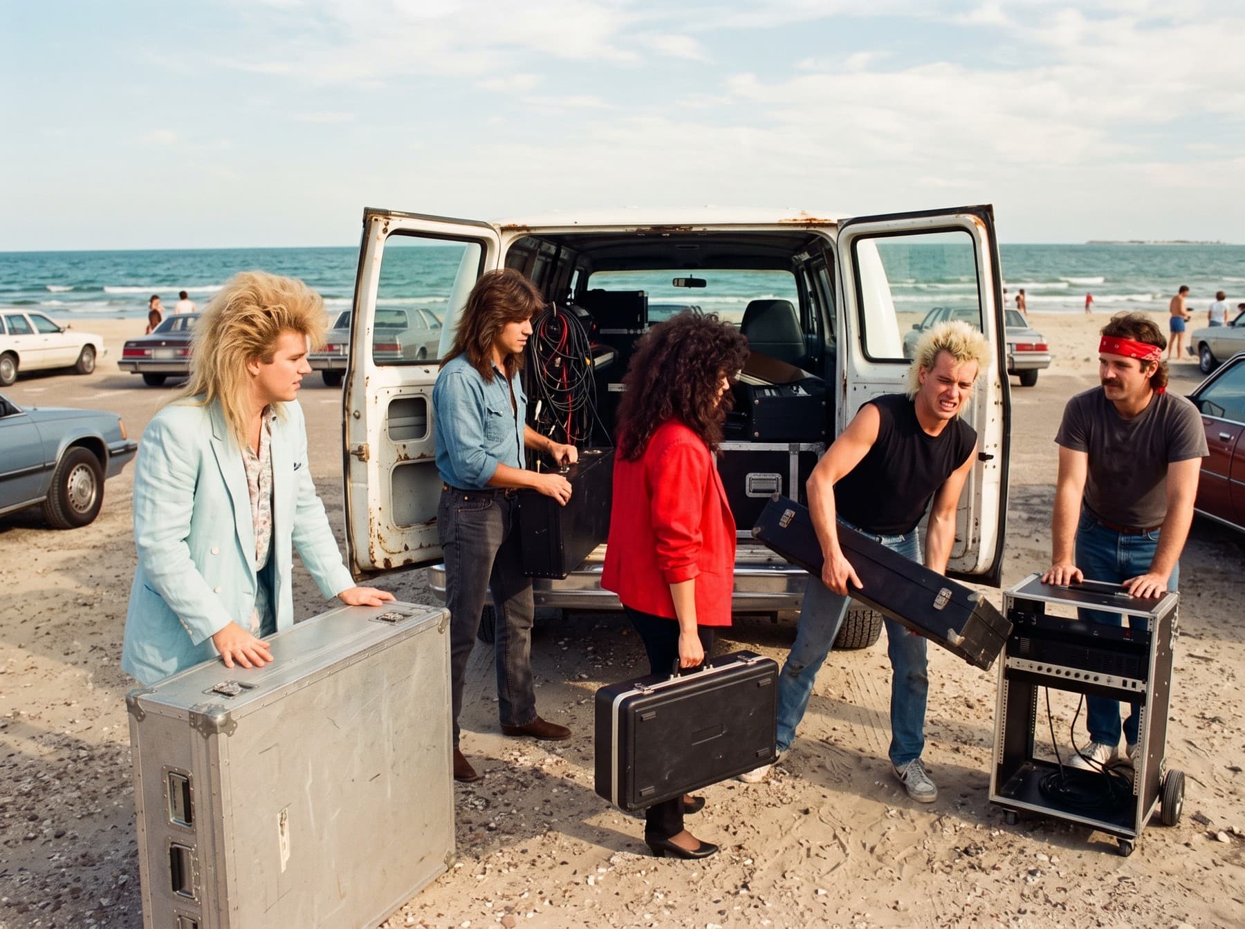 Five band members loading road cases into the back of a white van parked on the sand, the Gulf behind them and cars parked along the beach